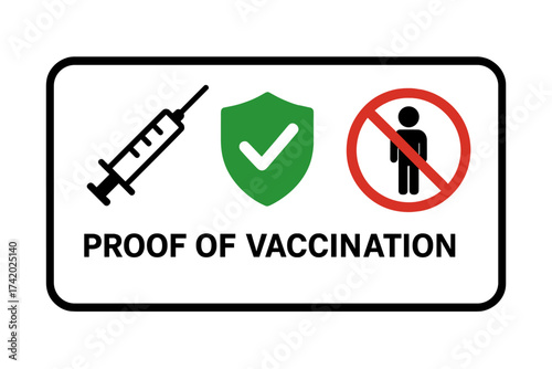 Proof of vaccination required for entry sign. No vaccine no entry concept. Mandatory immunization for public access. Health passport, covid-19 safety measure vector banner.