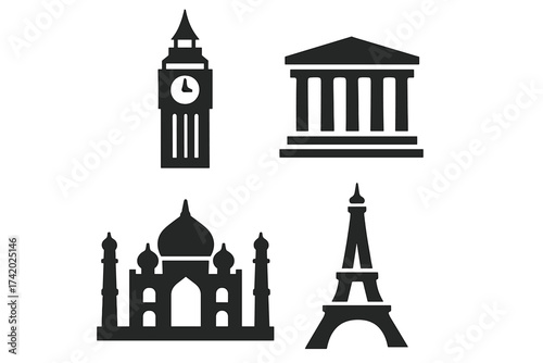 Famous world landmarks icon set. Travel and tourism vector symbols collection. Includes Eiffel Tower, Big Ben, Taj Mahal, and Parthenon. International culture and history.