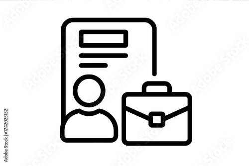 Job application and resume icon. Employee profile, CV, and portfolio concept. Business career, hiring, and recruitment vector. Human resources, staff ID, and briefcase symbol.