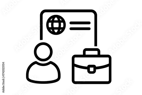 International business travel icon. Employee profile and global career concept. Work portfolio, briefcase pictogram. Person user account, personal data. Professional corporate job.