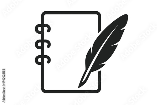 Quill pen with notebook vector icon. Feather pen writing on a notepad. Symbol for author, poet, literature, history, education or law. Vintage signature, contract or document sign.