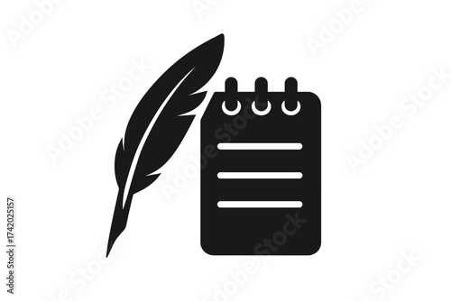 Quill pen with notebook vector icon. Feather pen and notepad symbol for writing, poetry, or history. Author, writer, or journalist concept. Vintage signature illustration.