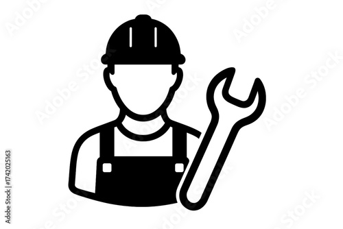 Repairman icon, technician with wrench. Worker, mechanic or plumber symbol. Industrial maintenance, engineering or construction service. Handyman avatar for technical support.
