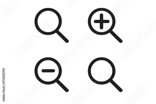 Search icon set with magnify glass for zoom in and out. Vector symbols for find, research, and analysis. Simple linear UI/UX element for web and app design. Isolated.