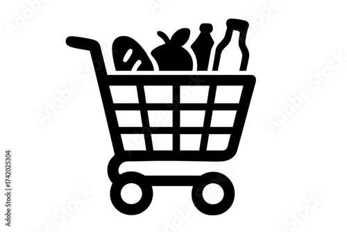 Shopping cart icon full of groceries. Supermarket trolley with food and drinks. E-commerce symbol for online store. Vector illustration of a purchase, order, or buy concept.