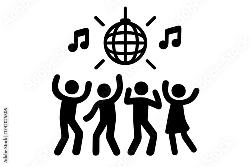 Nightclub party icon set with dancing people under disco ball, festive celebration with music notes, modern vector illustration of friends enjoying dance floor, nightlife, clubbing, youth event