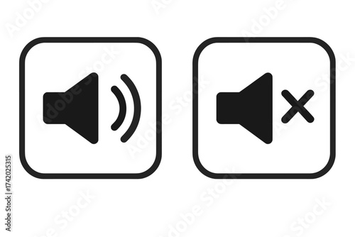 Sound on and off vector icon. Speaker button for volume control. Audio mute and unmute sign. Silent mode pictogram for user interface. Soundwave symbol set isolated.