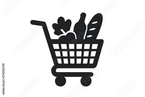 Shopping cart icon with groceries. Supermarket trolley full of food symbol. E-commerce, retail and consumerism concept. Vector illustration for online store, buy button.