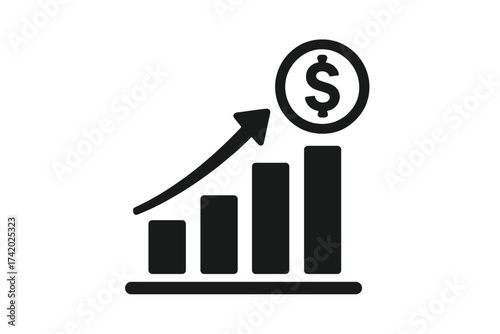 Financial growth chart icon. Profit money increase concept. Investment return, revenue analytics. Business success graph with dollar sign and arrow up. Stock market trading symbol.