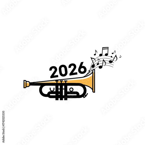 Trumpet with 2026 and Music Notes Illustration.