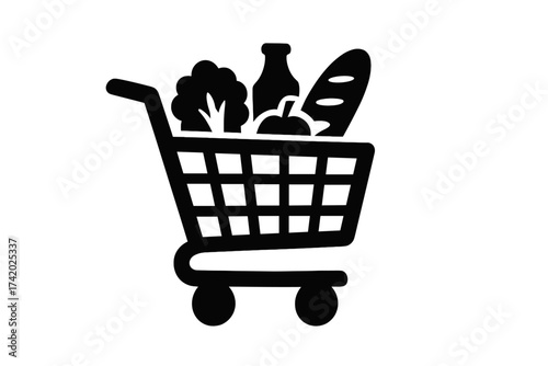 Shopping cart icon full of groceries. Supermarket trolley symbol for concepts of retail, consumerism, and purchasing. Vector illustration of food products for e-commerce.