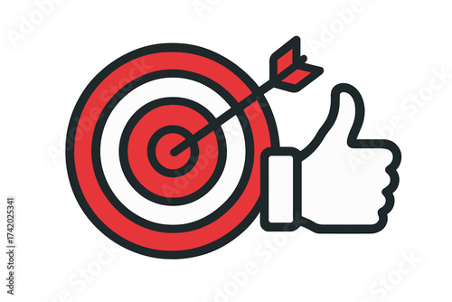 Target with arrow in bullseye and thumb up icon. Concept of success, achieving goals, accuracy, and positive results. Business objective accomplished vector illustration.
