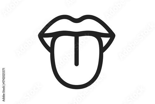 Tongue sticking out vector icon. Taste and flavor concept. Licking lips for delicious food. Funny, teasing, silly face expression. Medical checkup symbol for mouth, oral hygiene.