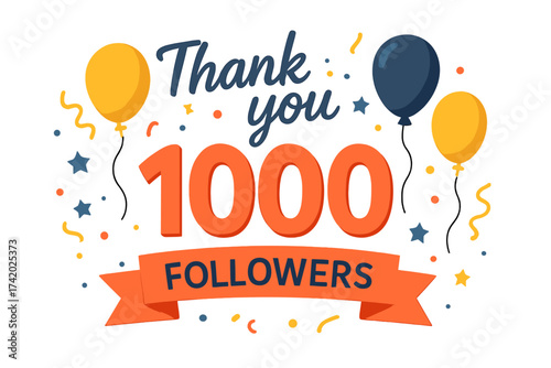 Thank you 1000 followers vector banner for social media. 1k subscribers celebration. Follower appreciation post. Community milestone graphic with balloons and confetti.