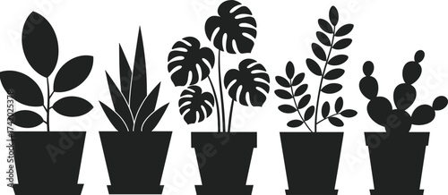 Black and white potted plant silhouettes set, minimalist botanical vector illustration, modern indoor plants design, eco home decor artwork