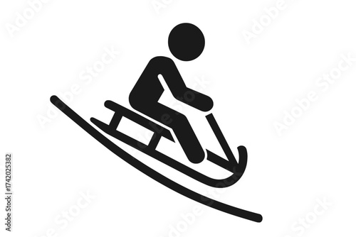 Winter activity icon. Person sledging downhill isolated. Sledge, snow, ride, winter sport, snowy slope, outdoor recreation, stick figure. Minimalist vector illustration, transparent background.