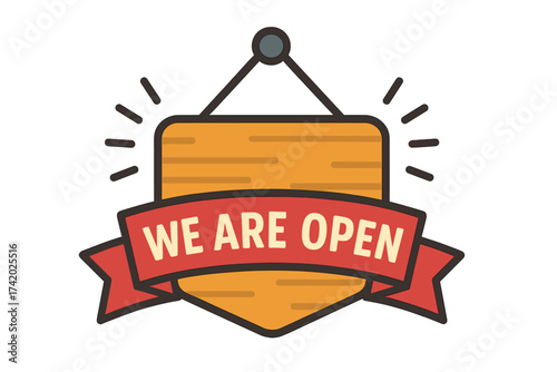 We are open sign for business. Welcome back banner. Hanging wooden plaque with ribbon for store, shop, or cafe door. Reopening announcement vector illustration concept.