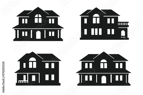 House icon collection. Set of residential home building silhouettes. Vector graphic for real estate logo, property symbol, or web sign. Modern villa and cottage architecture.
