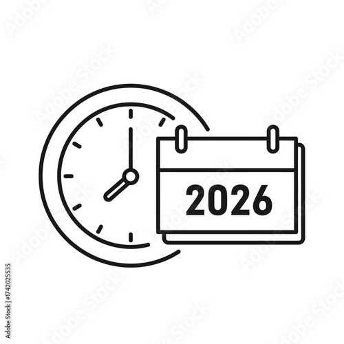 Year 2026 Calendar and Clock Line Art Vector Illustration.
