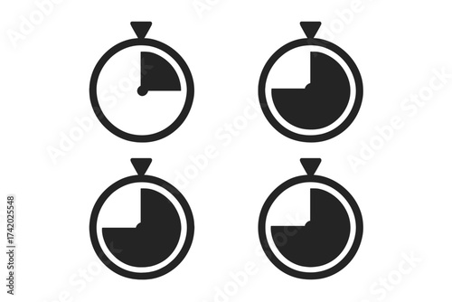 Vector timer icon set on transparent background. Stopwatch chronometer symbol collection. Countdown clock showing time passing in quarters. Deadline and urgency concept.
