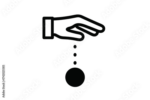 Hand dropping object icon. Minimalist vector illustration. Giving, donation, support, charity, generosity concept. Black outline hand releasing circle. Symbol of offering, aid, sharing, kindness.