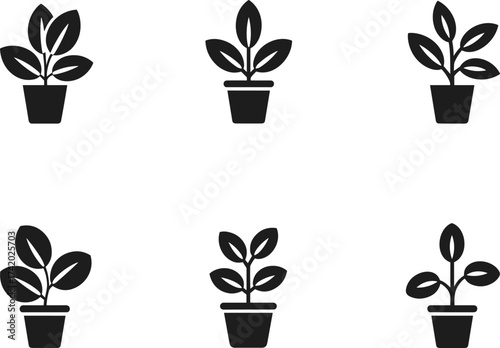 Minimalist black potted plant icons set, modern botanical design, houseplant vector collection, eco home decor, nature graphic illustration