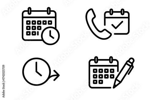 Appointment scheduling vector icons set, calendar and clock symbols, meeting reminder, time management, event planning, date picker, phone call confirmation, writing schedule, transparent background