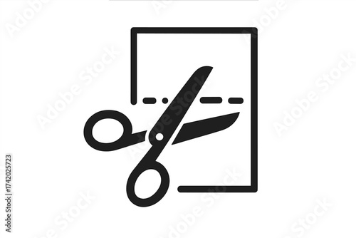 Scissors cutting paper icon. Black silhouette vector illustration. Coupon, voucher, discount, cut out, dashed line, trim, edit, stationery, save, symbol, isolate, graphic, minimalist, clip, outline.