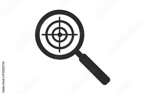 Magnifying glass with target icon, search and focus concept, vector illustration, accurate zoom, analysis, finding solutions, crosshair, aim, isolated, minimal design, transparency