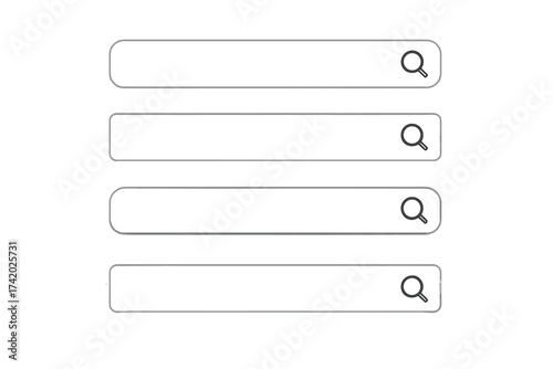 Modern search bar vector set with magnifying glass icons, rounded web interface search field collection, UI UX design elements, transparent background, digital input form template kit