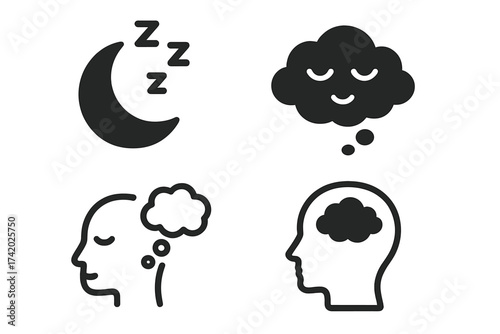 Sleep and Dreaming Mind Icons Set. Moon with Zzz, Thought Cloud, Human Head Silhouette with Thoughts, Mental Relaxation, Imagination, Night Rest, Mindfulness, Meditation Vector Illustration