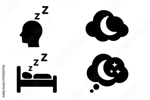 Sleep rest icons night dream concept, sleeping head silhouette with zzz, bed sleep symbol, moon cloud, night sky stars, dream thought bubble, bedtime rest vector set, insomnia illustration