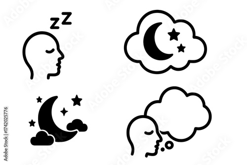 Sleep and Dream Symbol Icons Set. Nighttime Head Silhouette with ZZZ, Moon and Stars, Thought Cloud, Dreaming Mind, Sleep Concept, Night Sky, Dream State, Minimal Vector Illustration, Black Outline