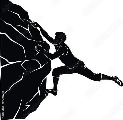 Rock climber silhouette scaling a steep cliff, extreme sports vector illustration