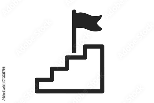 Staircase progress goal achievement icon. Success steps with flag on top. Business growth, accomplishment, career ladder, achievement vector. Milestone path, ambition, leadership concept, transparent.