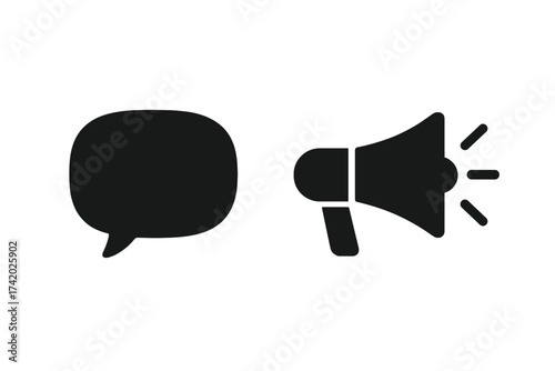 Vector speech bubble and megaphone icon set. Communication, announcement, message, dialog, promotion, marketing, conversation, business notification. Isolated black silhouette, transparent background.