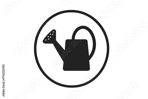 Watering can icon, gardening tool silhouette, simple black vector watering can in circle, garden irrigation symbol, horticulture equipment, plant care, minimalist design, isolated illustration