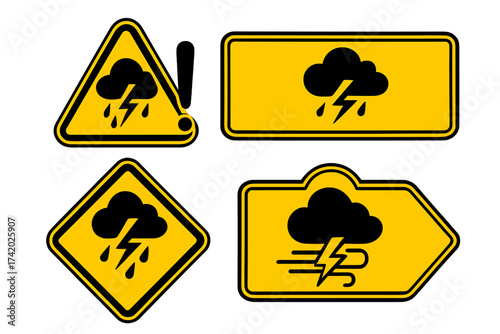 Severe weather alert signs set. Hazard warning banners, storm caution symbol icons. Thunderstorm, rain, lightning, wind, high winds, emergency caution. Bold yellow vector illustrations.