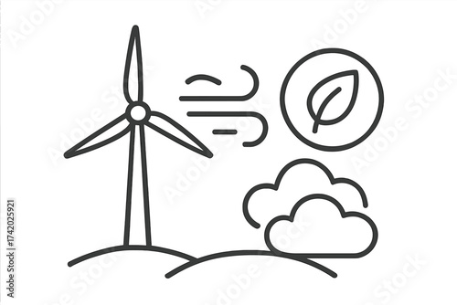 Renewable Wind Energy Turbine Icon, Clean Power Generation, Eco Friendly, Sustainability Concept, Green Leaf, Nature, Environmental Protection, Minimal Line Art, Air, Clouds, Alternative Energy Source