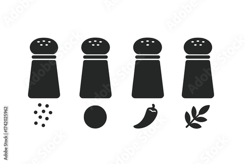 Black Silhouette Spice Shaker Icon Set. Salt, Pepper, Chili, Herb Seasoning Containers Collection. Kitchen Condiments, Cooking Ingredient Utensil Flat Isolated Vector Illustration. Minimalist Design
