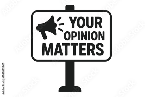 Your Opinion Matters Survey Sign Vector Illustration with Megaphone Icon, Bold Typography, Transparent Background, Customer Feedback, Voice, Testimonials, Voting, Poll, Public Participation Concept