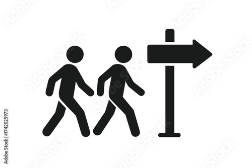 Two people walking towards directional sign. Pedestrian stick figures follow right arrow signage. Wayfinding, direction, guidance, movement concept. Navigation icon, pathfinding, travel illustration.