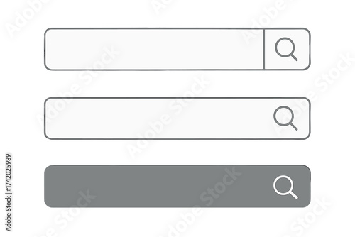 Minimalist search bar vector collection with magnifying glass icon, modern UI web search interface templates, blank input fields, search box design elements, editable isolated graphics set