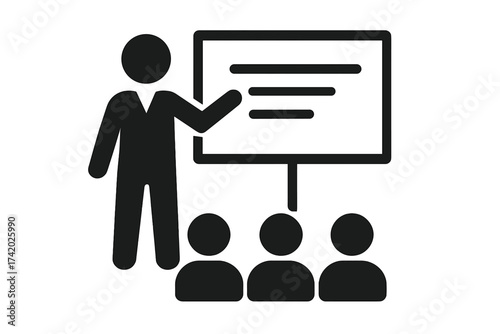Business presentation icon, teacher instructor giving seminar, corporate training, education seminar, human silhouette pointing at blank board, audience, classroom, workshop, flat vector illustration