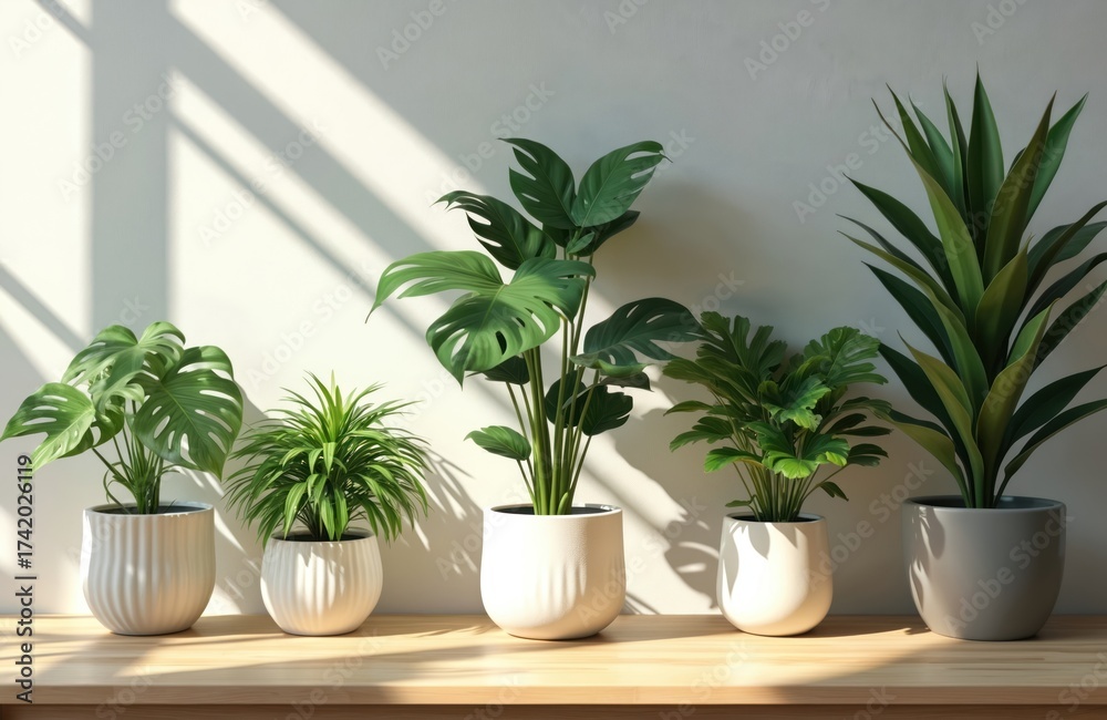Fototapeta premium Several potted green houseplants arranged on a wooden shelf indoors. Shadows from window blinds fall across a white wall behind the indoor plants. These leafy greens bring nature inside.