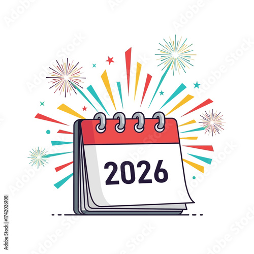 Calendar illustration displaying the year 2026 with fireworks and festive celebration.