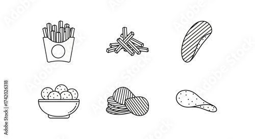 Simple line art icons representing various potato snacks like fries, chips, and balls