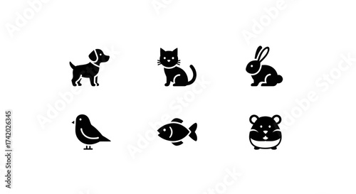 Collection of simple, cute pet icons, including a dog, cat, rabbit, bird, fish, and hamster.