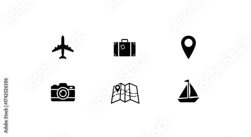 Collection of travel icons representing journey planning and adventure.