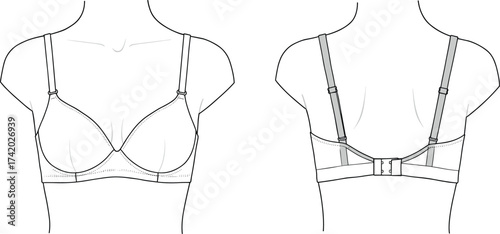 Bra lingerie technical flat sketch front and back view, underwire cups, adjustable straps, intimate apparel fashion vector template, cad drawing flat vector illustration